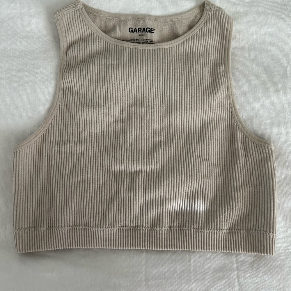 Garage High Neck Tank Top- Beige